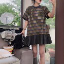 设计感四色条纹短袖T恤裙女2026夏季百搭显瘦花边拼接中长款上衣