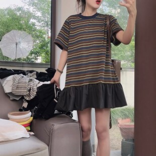 设计感四色条纹短袖T恤裙女2026夏季百搭显瘦花边拼接中长款上衣