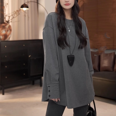 中长款纯色长袖T恤女2025春秋新款休闲宽松百搭显瘦加厚打底衫潮