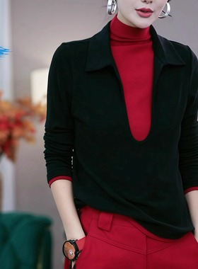 2025秋冬新款高领撞色假两件长袖T恤女时尚修身显瘦V领气质打底衫