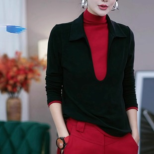 显瘦V领气质打底衫 2025秋冬新款 修身 T恤女时尚 高领撞色假两件长袖
