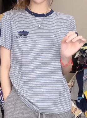 潮牌字母刺绣拼接条纹短袖T恤女2026新款时尚百搭显瘦圆领上衣ins