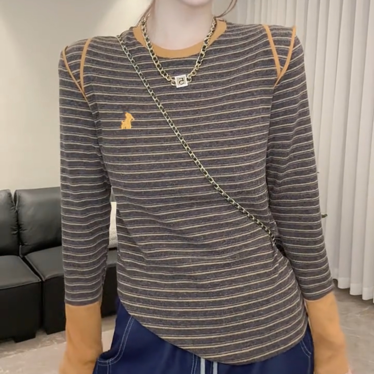 2025冬季新款撞色条纹圆领打底衫