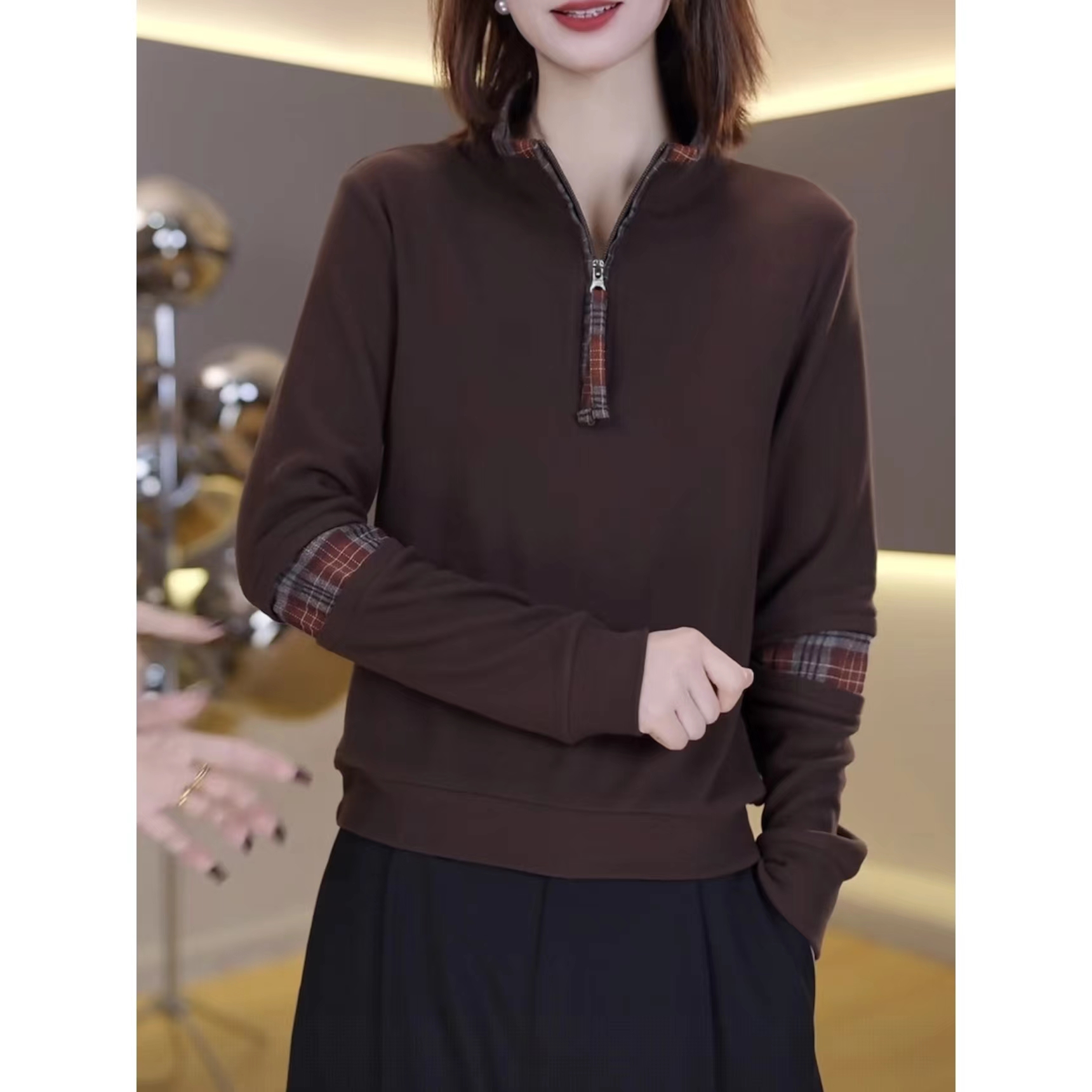 【送运费险】双面绒格子拼接卫衣