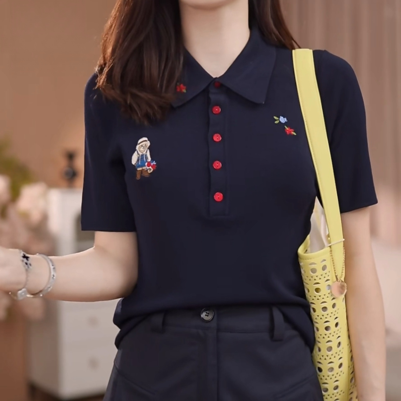 卡通小熊刺绣翻领短袖T恤女2025夏季新款休闲百搭显瘦POLO衫上衣