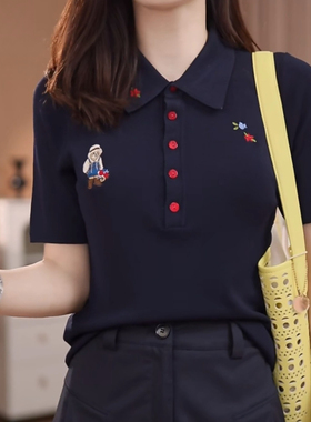 卡通小熊刺绣翻领短袖T恤女2026夏季新款休闲百搭显瘦POLO衫上衣