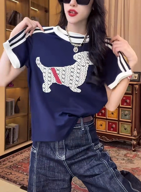 设计感织带拼接短袖T恤女2026夏季新款小狗植绒印花百搭显瘦上衣