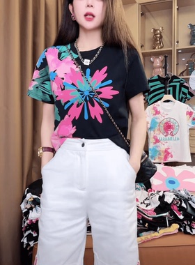 欧货扎染印花纯棉短袖T恤女2025夏季新款时尚百搭显瘦正肩上衣潮