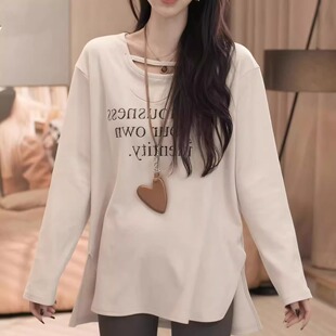 休闲百搭长袖 双面绒字母印花中长款 时尚 女2026早春新款 T恤 打底衫