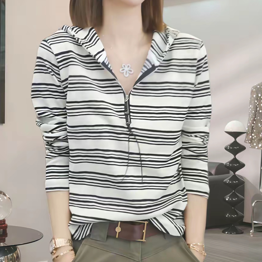 设计感条纹半拉链长袖T恤女