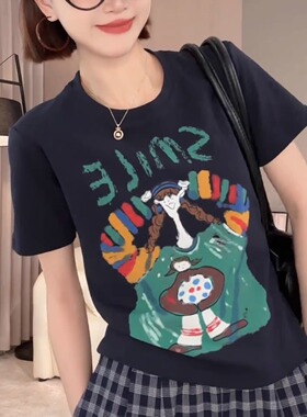 趣味女孩印花纯棉短袖T恤女2025夏新款休闲百搭透气减龄正肩上衣