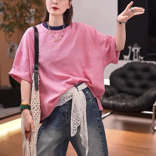 撞色亚麻短袖T恤女宽松