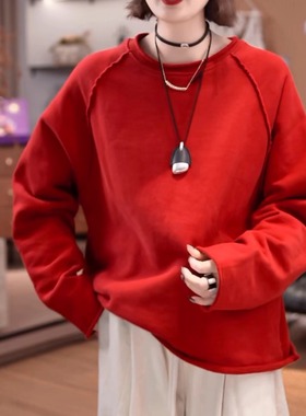 加绒糖果色毛边卫衣女2025秋冬新款潮流时尚宽松百搭显瘦纯色上衣
