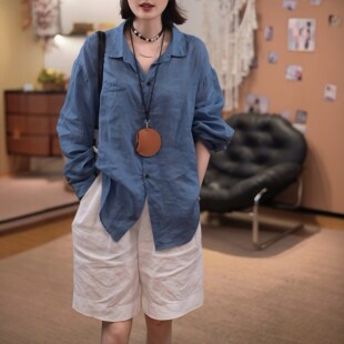 老钱风苎麻棉薄衬衫女2026夏季新款简约慵懒风宽松百搭长袖衬衣潮