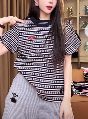 欧货2024春夏新款设计感条纹短袖T恤女时尚宽松百搭显瘦刺绣上衣