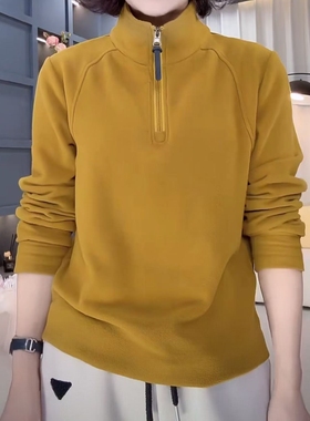 纯色双面绒半拉链立领长袖T恤女秋冬新款保暖百搭休闲打底上衣ins