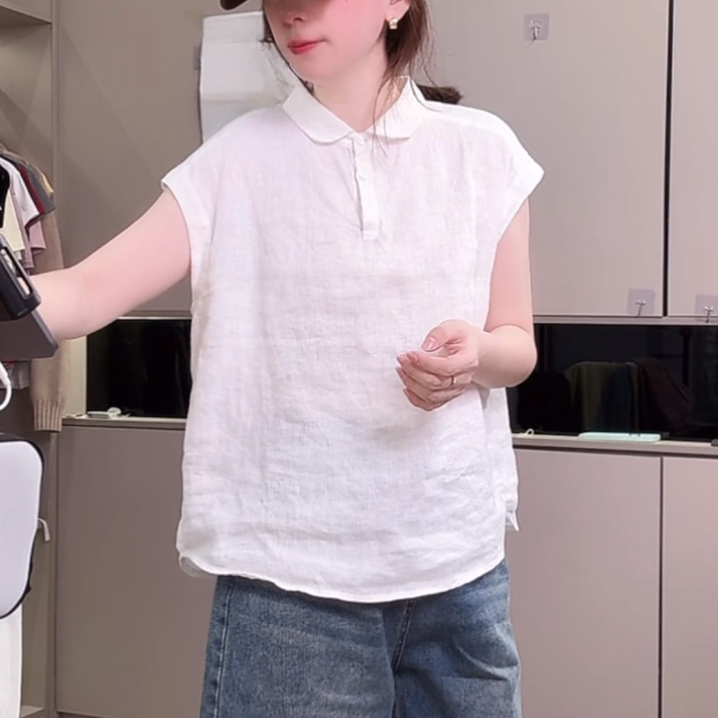 纯色无袖亚麻翻领T恤女
