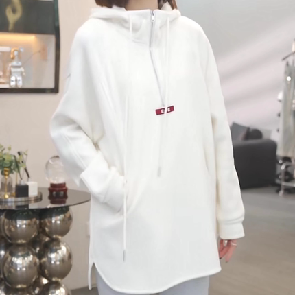 加绒加厚半拉链连帽卫衣女2024冬季新款时尚百搭中长款上衣外套女
