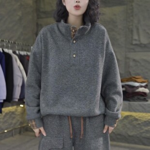 纯色加厚奥粒绒拼接格子立领卫衣女2026早春新款宽松百搭抽绳上衣