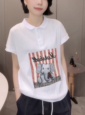 卡通大象印花翻领短袖T恤女2025夏季新款时尚宽松百搭POLO衫上衣