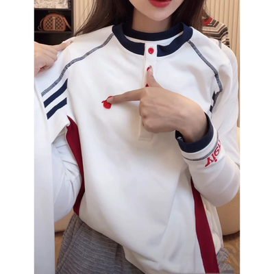重工明线撞色拼接长袖T恤女2025春季新款潮牌小马刺绣百搭打底衫