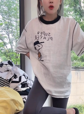 亚麻史努比刺绣短袖T恤女2026夏季新款休闲百搭显瘦中长款上衣潮