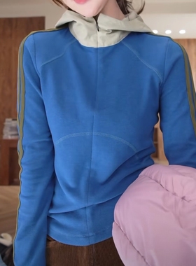 重工双面绒撞色拼接织带夹棉连帽卫衣女休闲百搭显瘦半拉链上衣潮