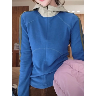 重工双面绒撞色拼接织带夹棉连帽卫衣女休闲百搭显瘦半拉链上衣潮