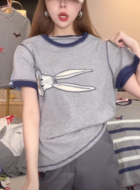 设计感小兔子刺绣明线撞色短袖T恤女2026夏新款潮牌百搭显瘦上衣