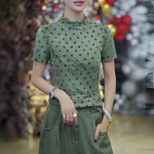 植绒青雾波点晕染网纱短袖T恤女2026夏新款休闲百搭显瘦薄款上衣