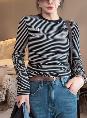 小马刺绣条纹刺绣T恤女2025秋季新款休闲气质百搭显瘦大码打底衫