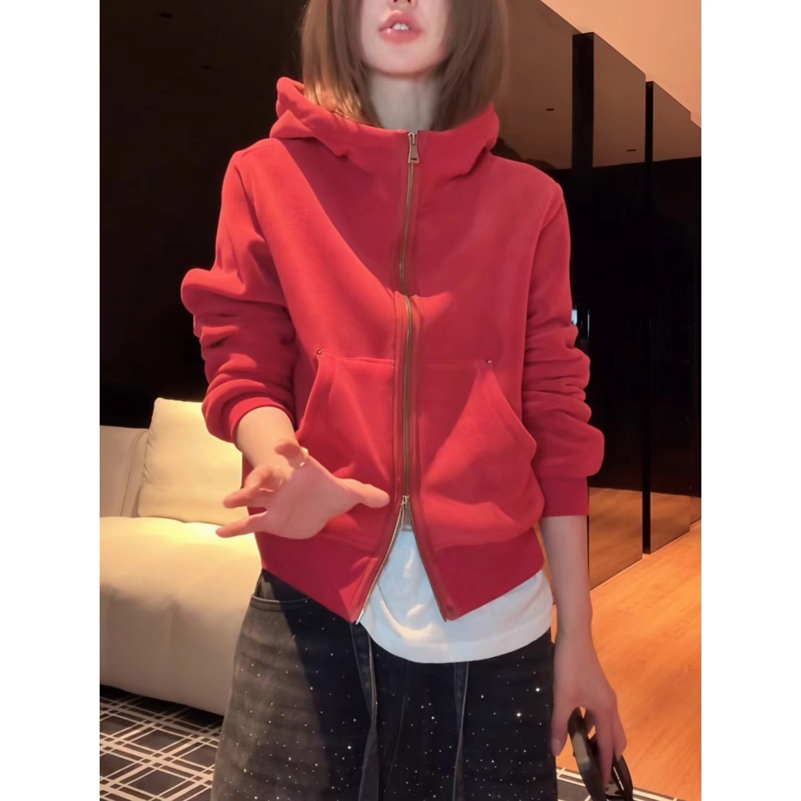 美式复古重磅双面奥粒绒连帽卫衣外套女2025秋冬新款时尚百搭上衣,女装/女士精品,短外套,淘宝优惠券,粉丝福利购,淘宝优惠卷