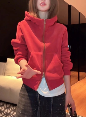 美式复古重磅双面奥粒绒连帽卫衣外套女2026新款时尚百搭开衫上衣