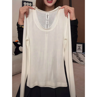 休闲百搭显瘦打底衫 T恤女2026春夏新款 长袖 纯色后背镂空U领薄款