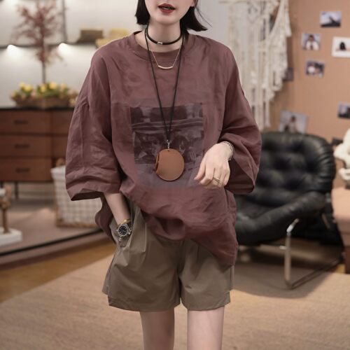 【送运费险】印花苎麻短袖T恤女