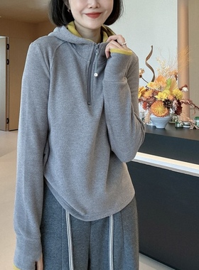 双面绒加厚半拉链连帽撞色卫衣女2025冬季新款时尚百搭显瘦上衣潮