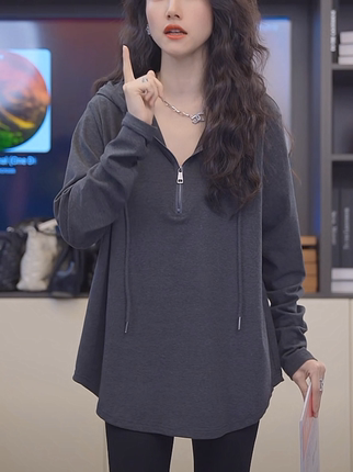 欧货半拉链连帽衫女2024早春新款时尚宽松百搭中长款大码卫衣女潮