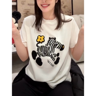 重工刺绣花斑马短袖 休闲百搭显瘦减龄上衣潮ins T恤女2026春夏新款
