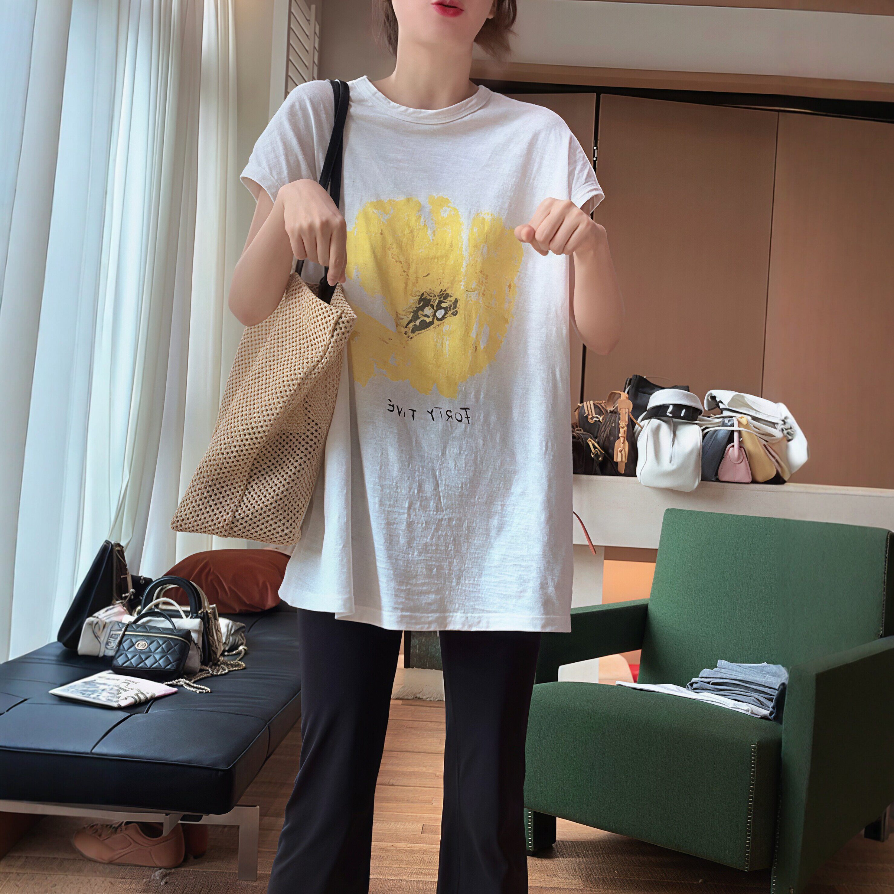 夏日繁华黄色花朵印花短袖T恤女2026夏新款洋气慵懒风中长款上衣