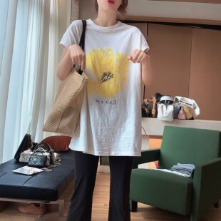 夏日繁华黄色花朵印花短袖T恤女2026夏新款洋气慵懒风中长款上衣