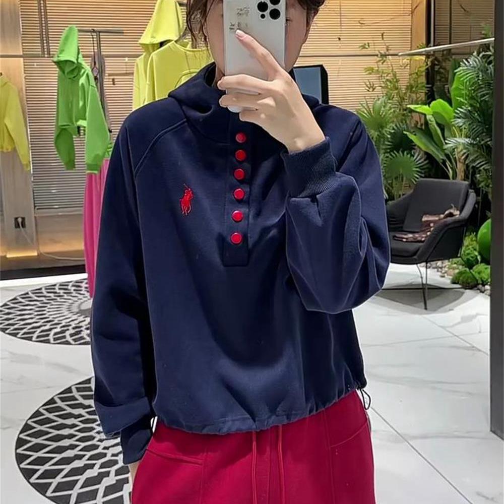 潮牌撞色多排扣连帽卫衣女2025春秋新款刺绣时尚百搭显瘦上衣