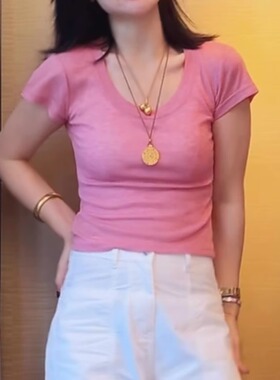 简约纯色U领短袖T恤女2026夏季新款时尚休闲百搭显瘦减龄上衣ins