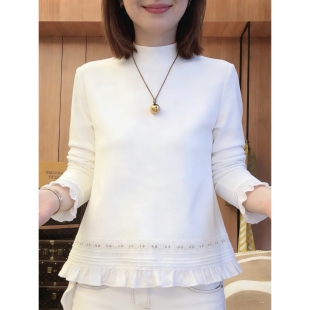 重工设计感蕾丝镂空拼接荷叶边长袖 百搭显瘦上衣 t恤女2026春新款