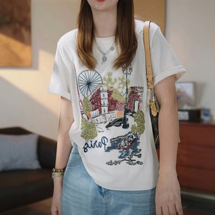 重工巴黎都市潮风刺绣短袖T恤女2026夏新款休闲宽松百搭显瘦上衣