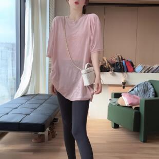 休闲百搭宽松显瘦薄上衣 T恤女2026春夏新款 慵懒风丝绒中长款 短袖