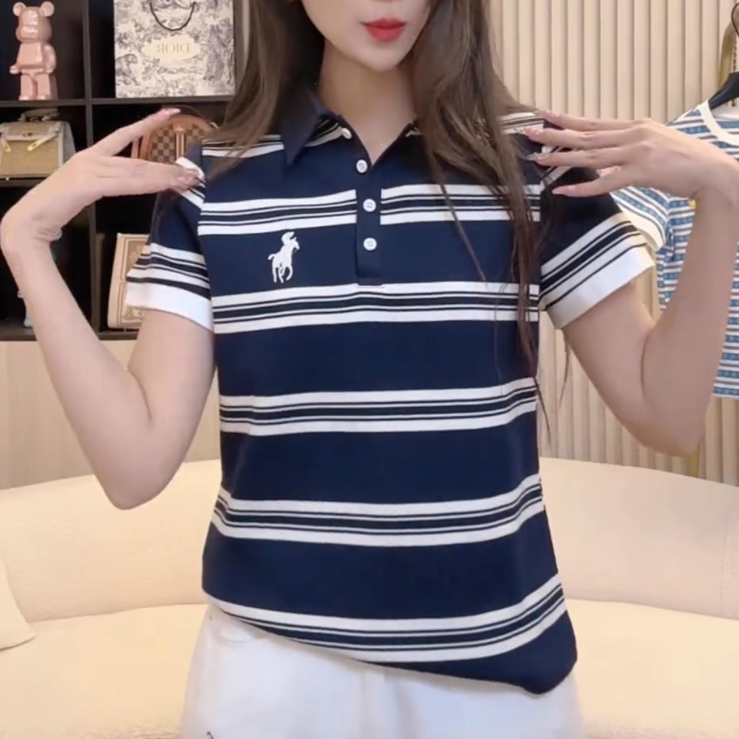 撞色条纹刺绣翻领短袖T恤