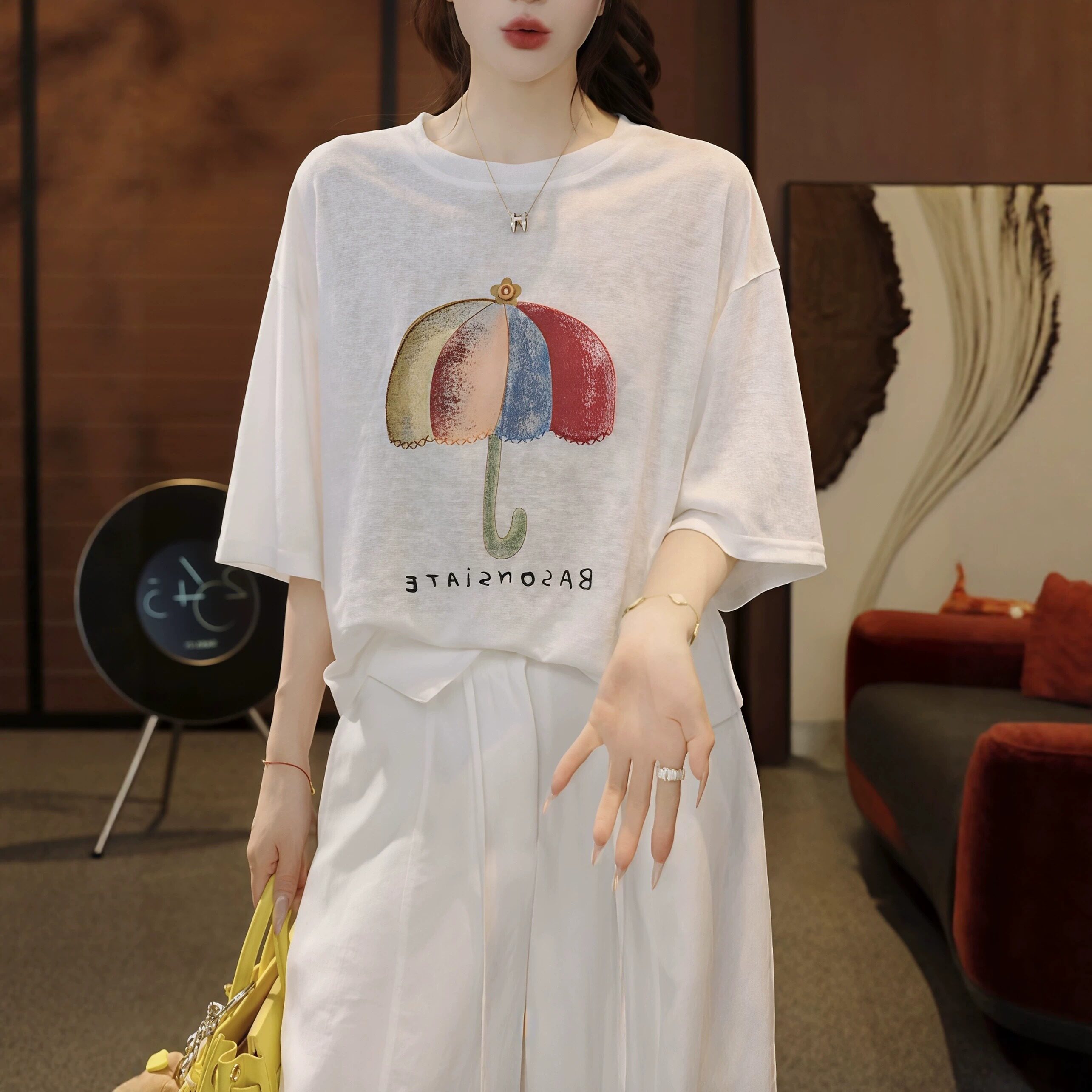 彩虹雨伞立体纽扣薄款短袖T恤女2026夏季新款潮牌宽松百搭上衣ins