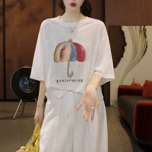 彩虹雨伞立体纽扣薄款短袖T恤女2026夏季新款潮牌宽松百搭上衣ins