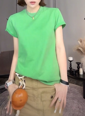 夏日小清新时尚纯色圆领短袖T恤女后背印花休闲百搭上衣通勤显瘦