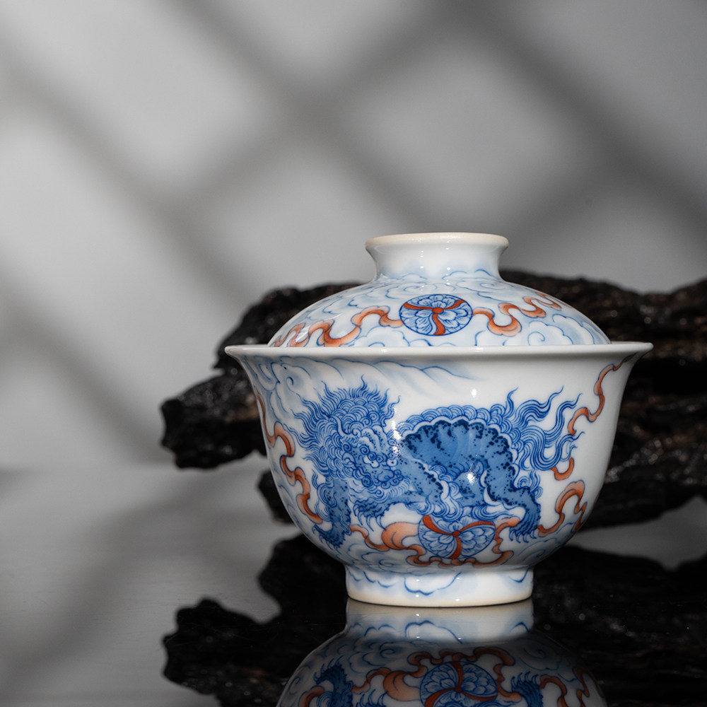 【念家-名窑】涂杏花窑 斗彩事事如意盖碗 双狮纹 陶瓷复古纯手工